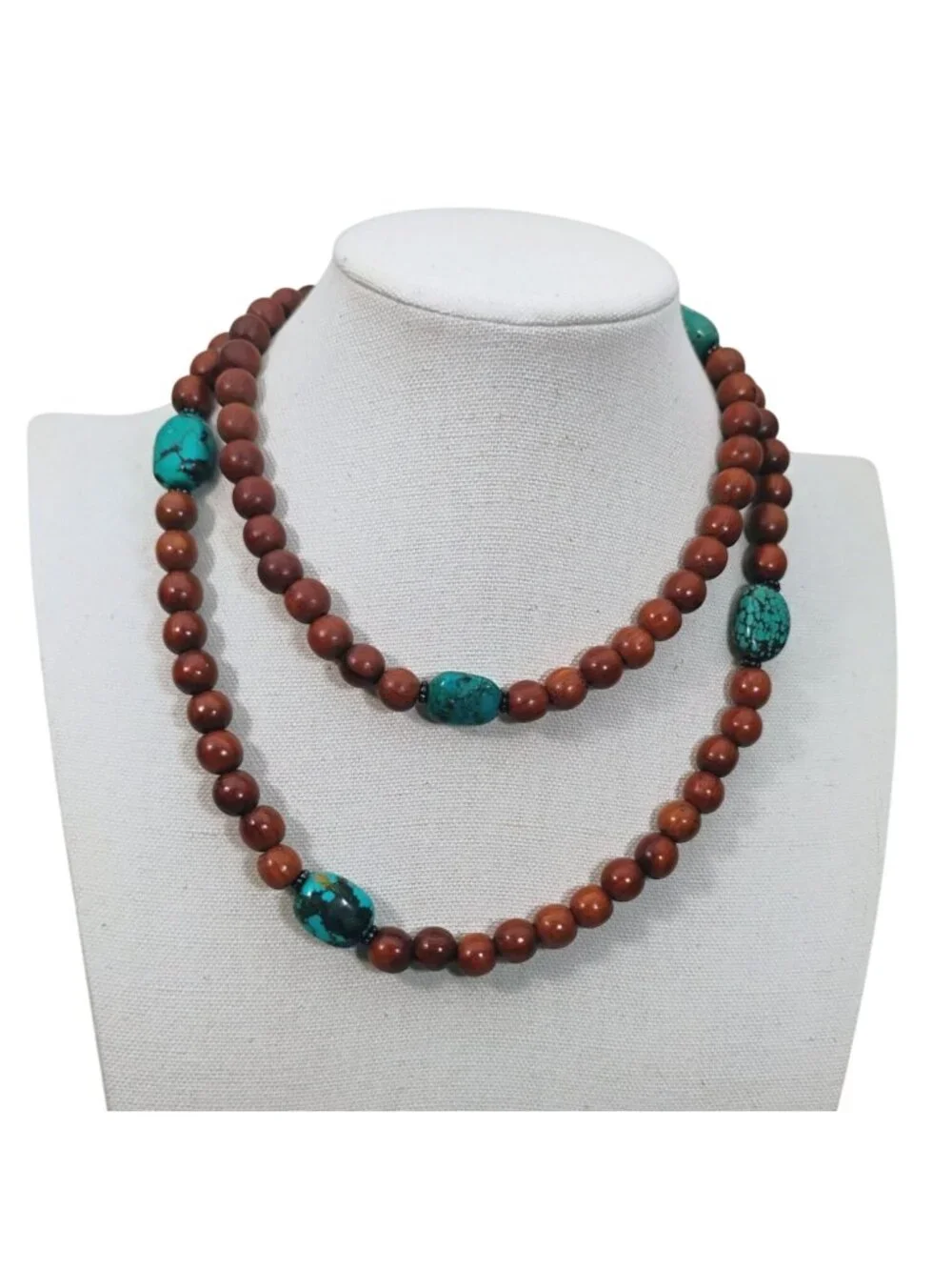 Signed Peyote Bird Designs Turquoise Nugget & Wood Bead Extra Long Necklace 36